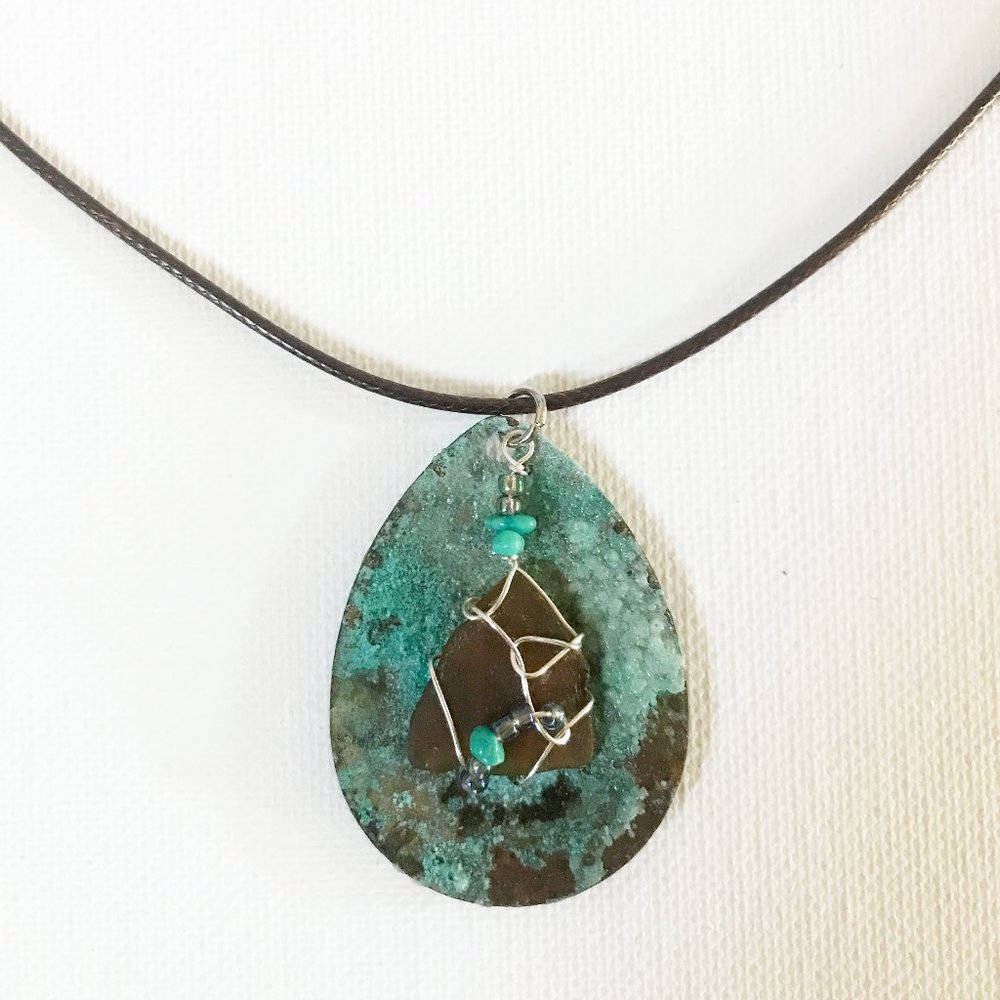 Lure Necklace Brown Sea Glass & Turquoise Crystal Gemstone Ocean Mermaid Beach